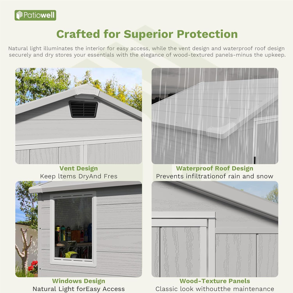 Patiowell 6X4 FT Outdoor Storage Shed, Plastic Tool Sheds with Lockable Door and Window, Weather-Resistant Garden Shed with Floor for Backyard, Patio, Easy Assembly, Light Grey