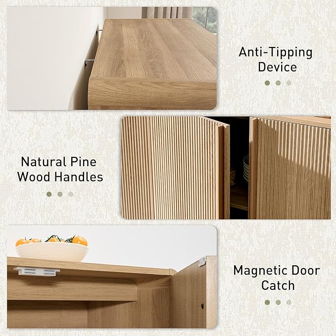 AMERLIFE 63" Fluted TV Stand Media Console Cabinet with Storage, Modern Credenza Entertainment Center with 4 Doors & Adjustable Shelves, Wood Coffee Bar for Living Room, Hallway, Natural Oak