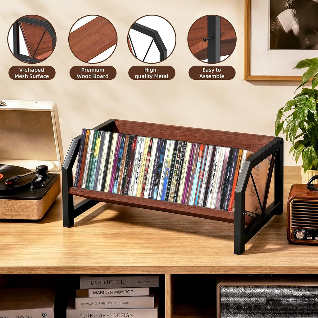 CD Holder Rack, Tilting DVD Storage Shelf for Tower Small Space | Store Up to 38 CDs and 30 DVDs, Desktop Bookshelf Organizer, Easy Acess, Sturdy Metal & Wood Construction, Portable Angle
