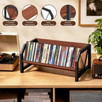 CD Holder Rack, Tilting DVD Storage Shelf for Tower Small Space | Store Up to 38 CDs and 30 DVDs, Desktop Bookshelf Organizer, Easy Acess, Sturdy Metal & Wood Construction, Portable Angle