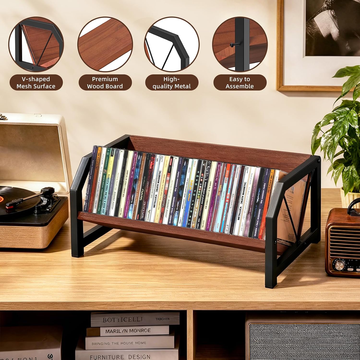 CD Holder Rack, Tilting DVD Storage Shelf for Tower Small Space | Store Up to 38 CDs and 30 DVDs, Desktop Bookshelf Organizer, Easy Acess, Sturdy Metal & Wood Construction, Portable Angle