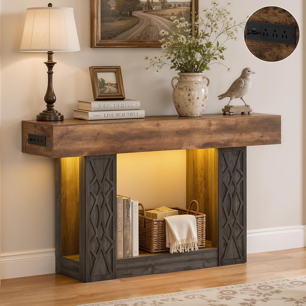 Unikito 47" Console Sofa Table with Power Outlet & LED Light, Grey &...