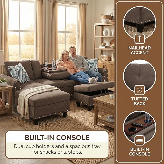 3-Piece L-Shaped Modular Sofa – Convertible Sectional Couch with Movable Chaise & Storage Ottoman, Multi-Scene Use for Living Room, Apartment & Office, Dark Brown