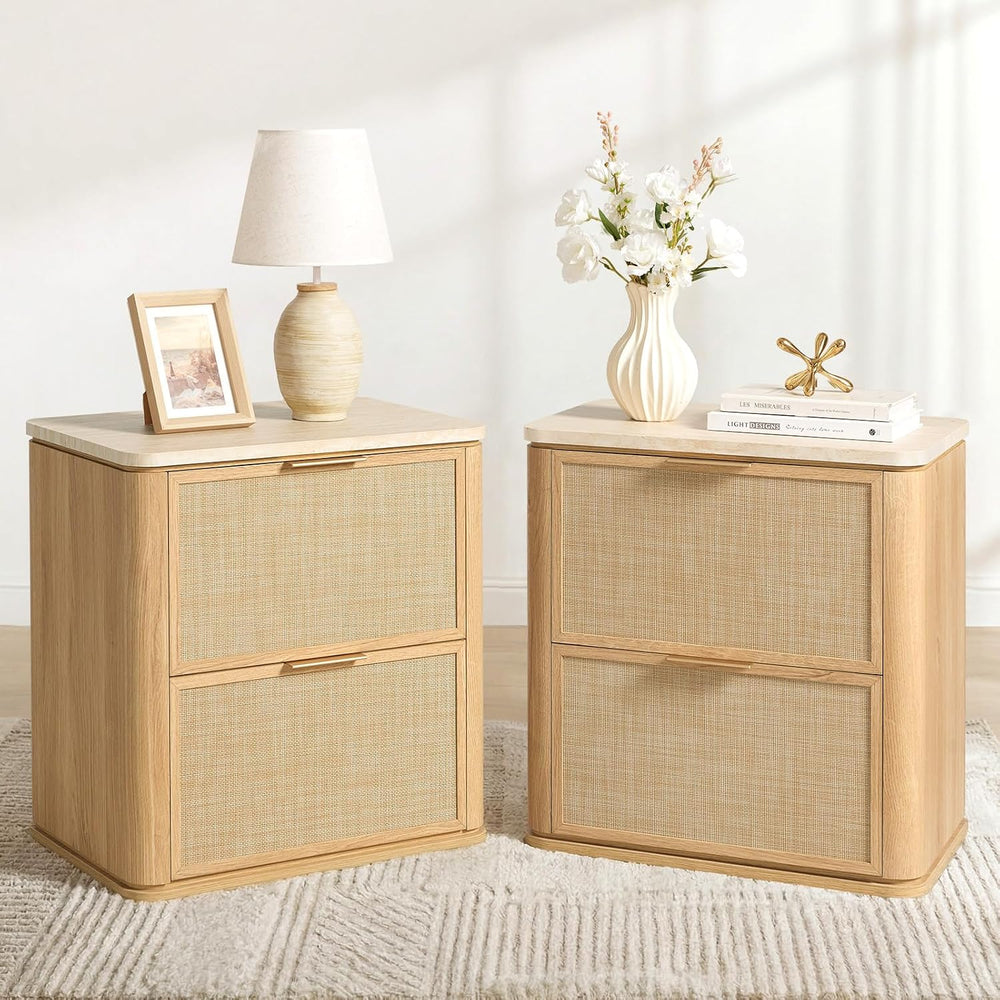 NightStand Set of 2, 23.11" W Rattan Nightstand with 2 Drawers, Faux Mar...