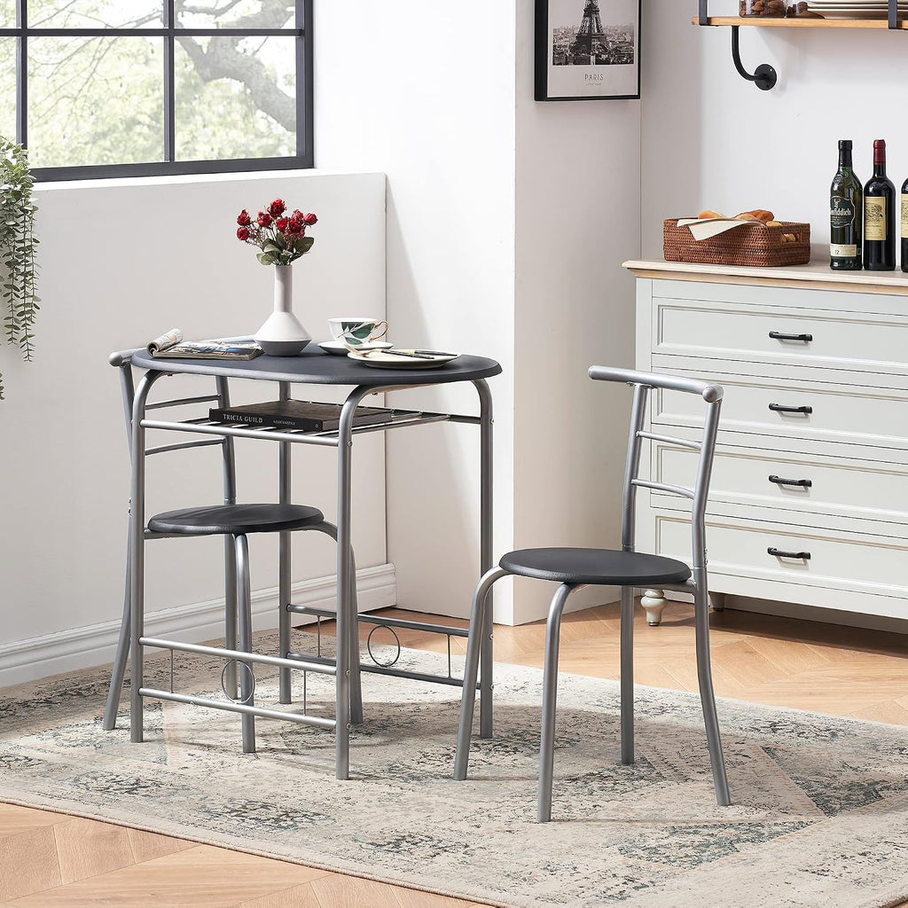 VECELO 3 Piece Wood Round Table & Chair Set for Dining Room Kitchen Bar Breakfast, with Wine Storage Rack, Space Saving, Black