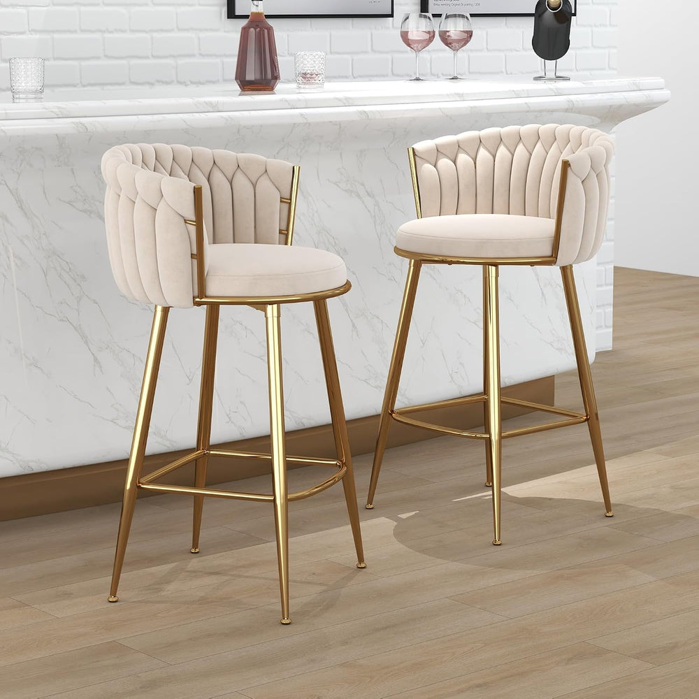 Beige Velvet Bar Stool Set of 2, 27" Counter Height with Woven Backrest