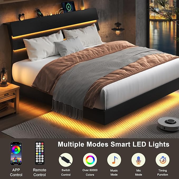 Feonase Floating Bed Frame King with Led Lights and Charging Station, Wood Full Size Bed Frame with Storage Headboard, Heavy Duty Metal Slats, No Box Spring Needed, Easy Assembly,Black