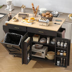 VVFLU 51.8" Kitchen Island Cart with Trash Can Storage, Kitchen Island on Wheels with Power Outlet & Drop Leaf, Rolling Kitchen Cart with Towel Rack & Spice Rack, Mobile Islands Table for Kitchen
