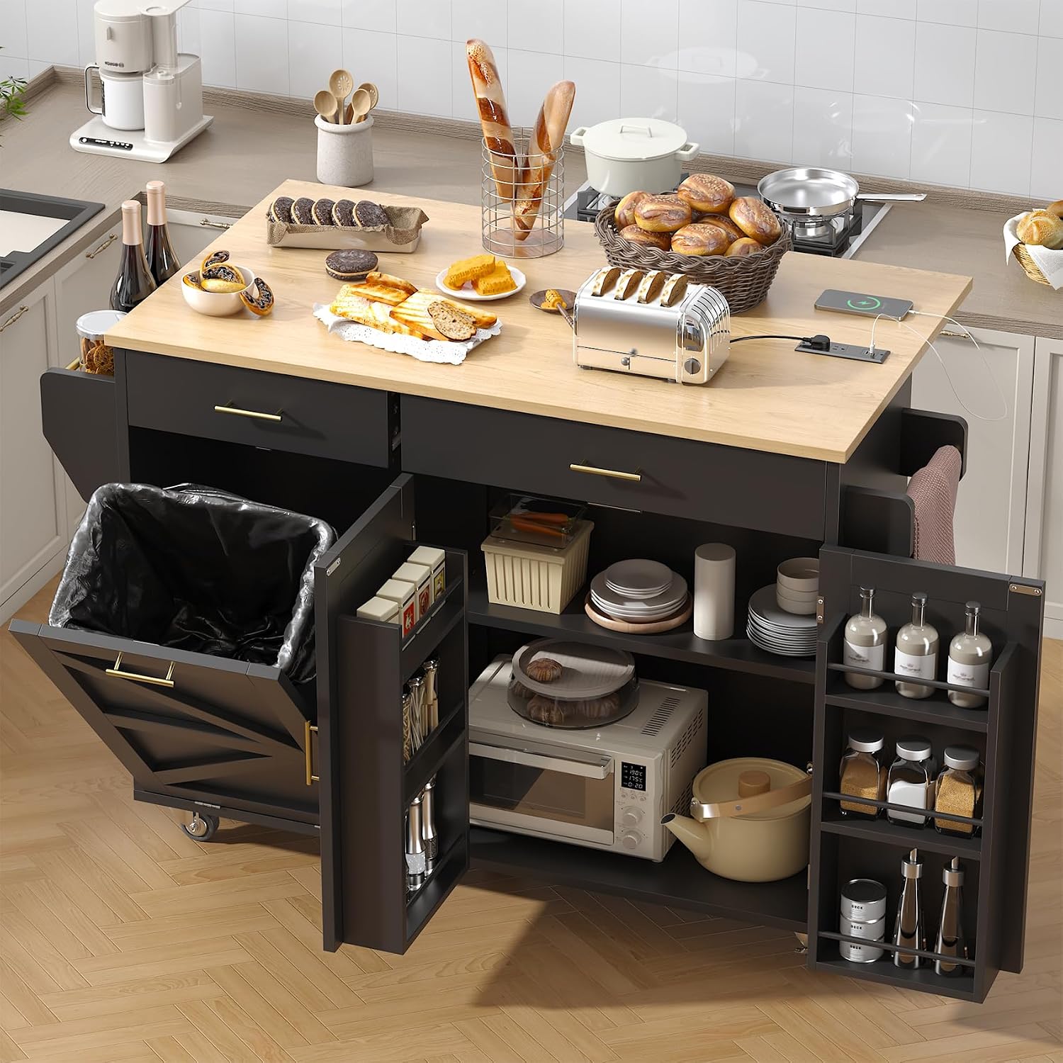 VVFLU 51.8" Kitchen Island Cart with Trash Can Storage, Kitchen Island on Wheels with Power Outlet & Drop Leaf, Rolling Kitchen Cart with Towel Rack & Spice Rack, Mobile Islands Table for Kitchen