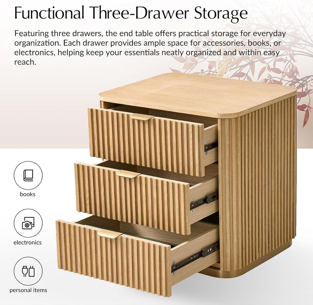 Fluted End Table Set of 2 with 3 Drawers, Solid Wood End Tables with Charging...