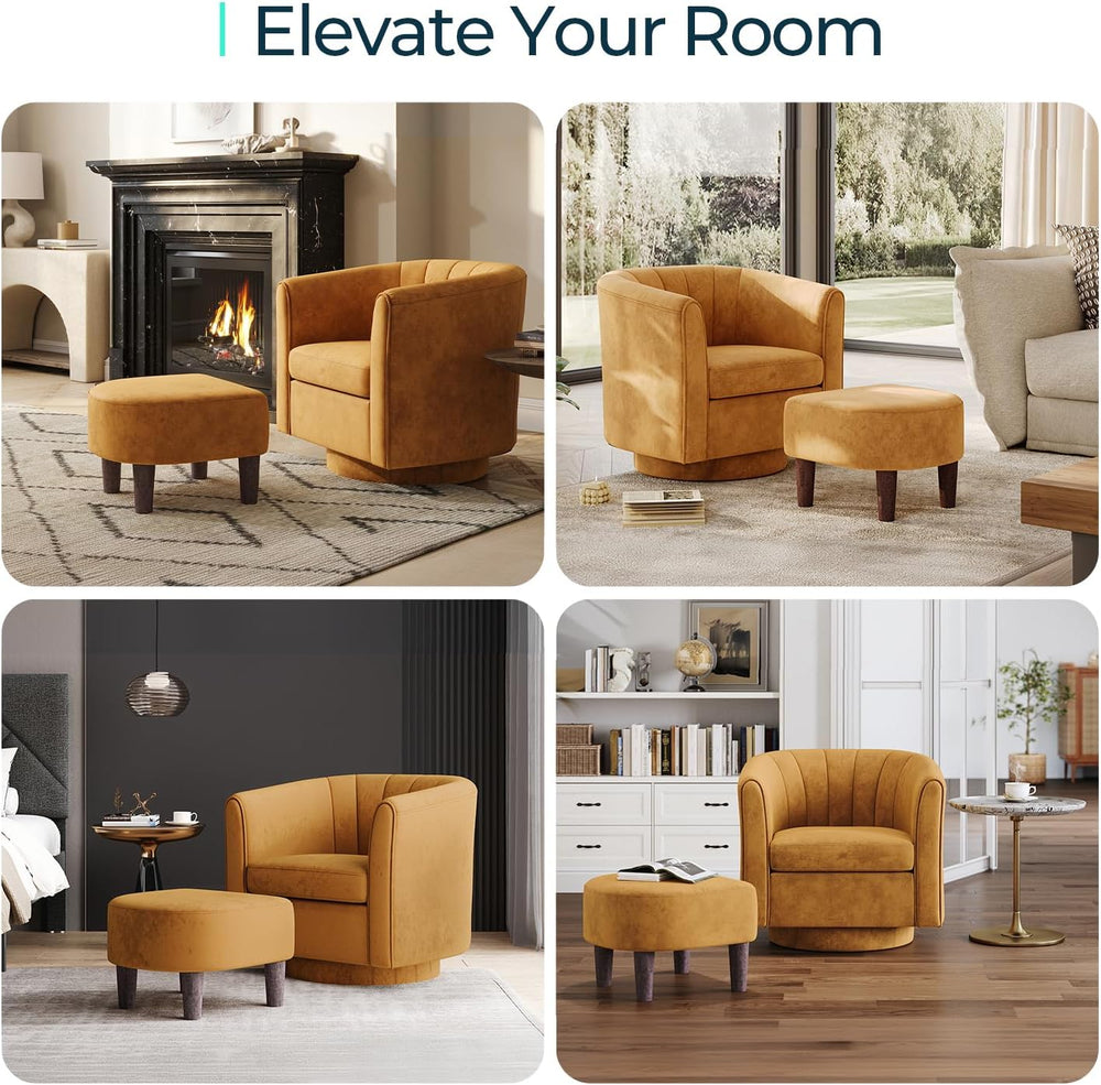 LINSY 360° Swivel Accent Chairs Set of 2, Modern Velvet Chair with Ottoman, C...