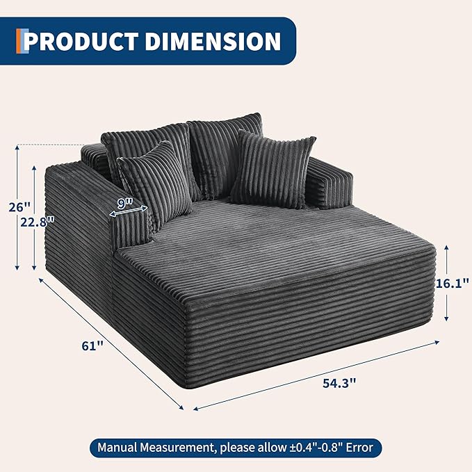 54.3"W Oversized Chaise Lounge Chair Indoor, Boneless Corduroy Sleeper Sofa Bed with 4 Pillows, Armrests, Comfy Fluffy Reading Couch, No Assembly Required Cloud Sofa for Living Room, Bedroom, Office