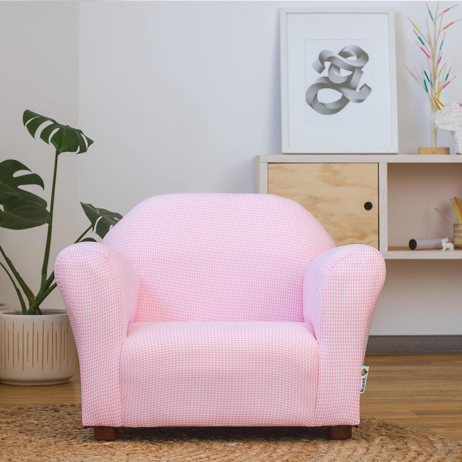 Keet Roundy Gingham Chair for Kids Upholstered Toddler Armchair for Ages 2–5, Sturdy Wooden Frame, Soft Durable Cotton Fabric, Lightweight, Fully Assembled, Ideal for Playrooms, Nurseries & Bedrooms.