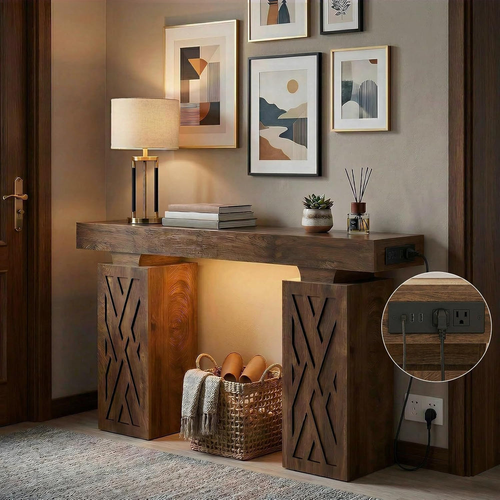 63-Inch Modern Console Table with LED & Outlet, Farmhouse Entryway Table ...