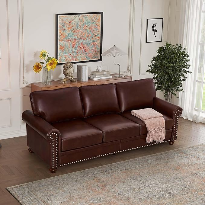 Faux Leather Sofa,82" W Mid Century Modern Couch with Storage Place,Oversized 3 Seater Sofa with Nailhead Trim&Rolled Armrests,Deep Seat Comfy Couch for Living Room,Bedroom,Apartment,Office(Burgundy)