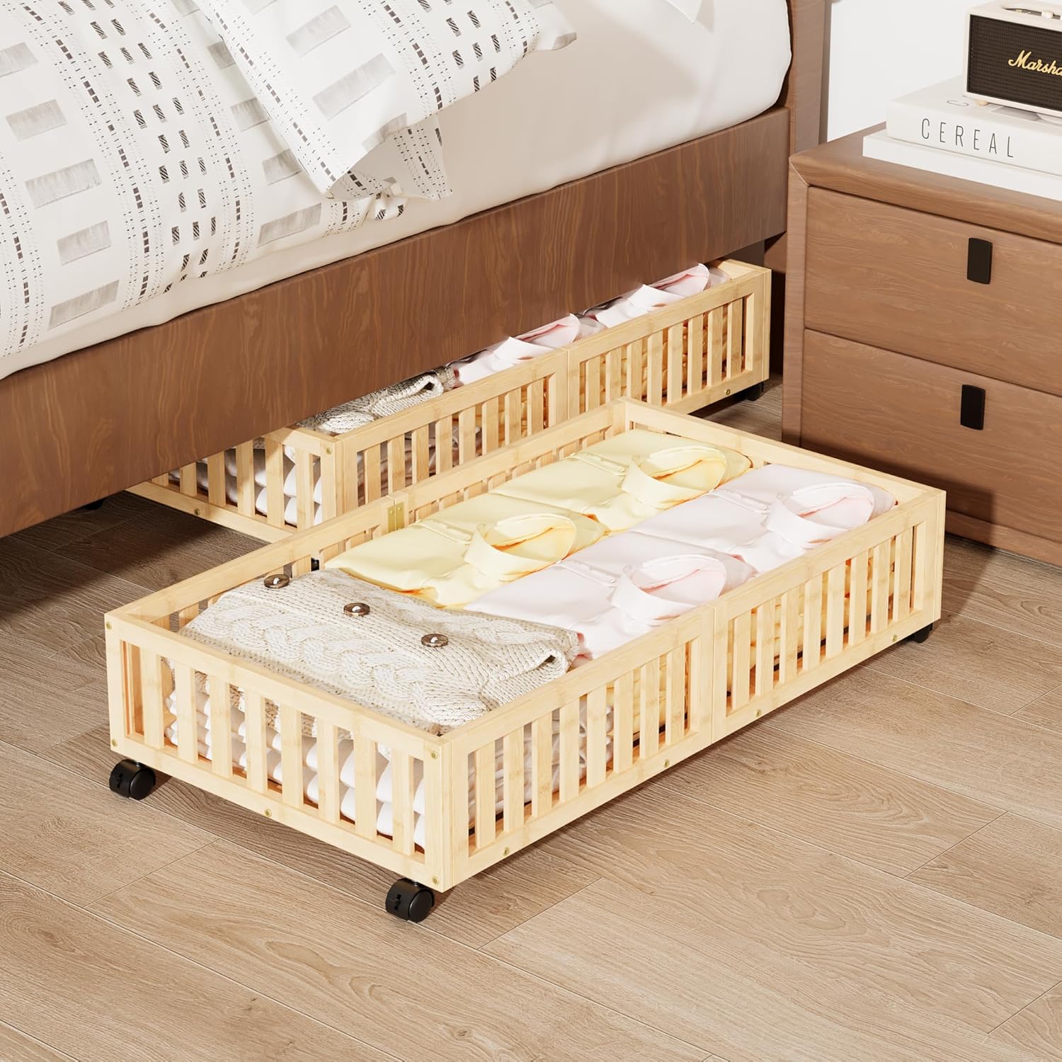 Bamboo Under Bed Storage with Wheels,Rolling Underbed Shoe Organizer Box for Shoes,Blankets,Toys,Clothes Container Space-Saving Bins for Bedroom,Closet,Dorm,Nursery