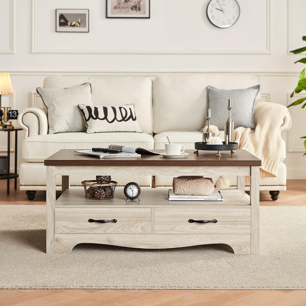 LINSY HOME Farmhouse Coffee Table with Storage, Wood Coffee Table for Living ...