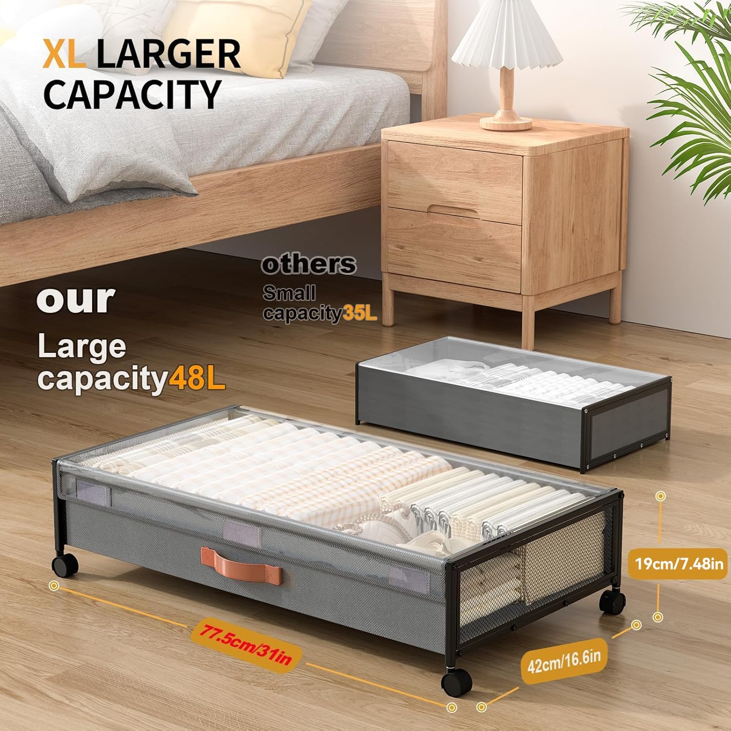 Under Bed Storage Containers with Wheels 54L Large Underbed Shoes Blankets Clothes Toy Storage Drawers for College Dorms Bedrooms Nursery Rooms Organization… (Grey 2 Pack, XXL(31"x16.6"x7.48"))