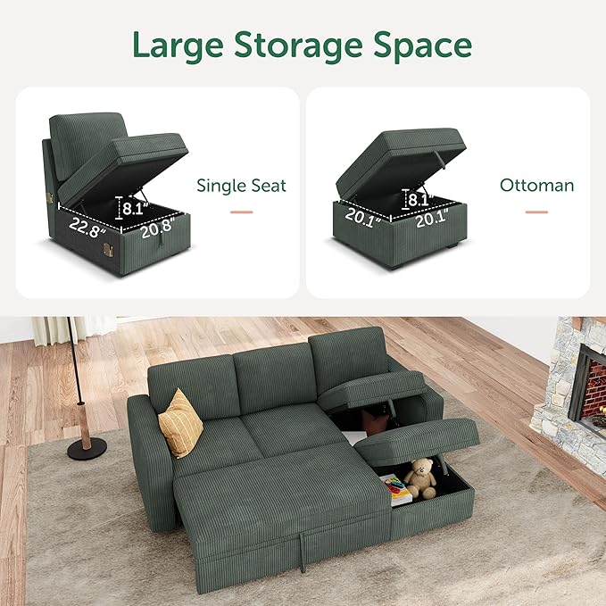 HONBAY Modular Sectional Sleeper Sofa with Pull Out Bed, L Shaped Sofa with Storage, Modular Sectional Couches for Living Room, Green