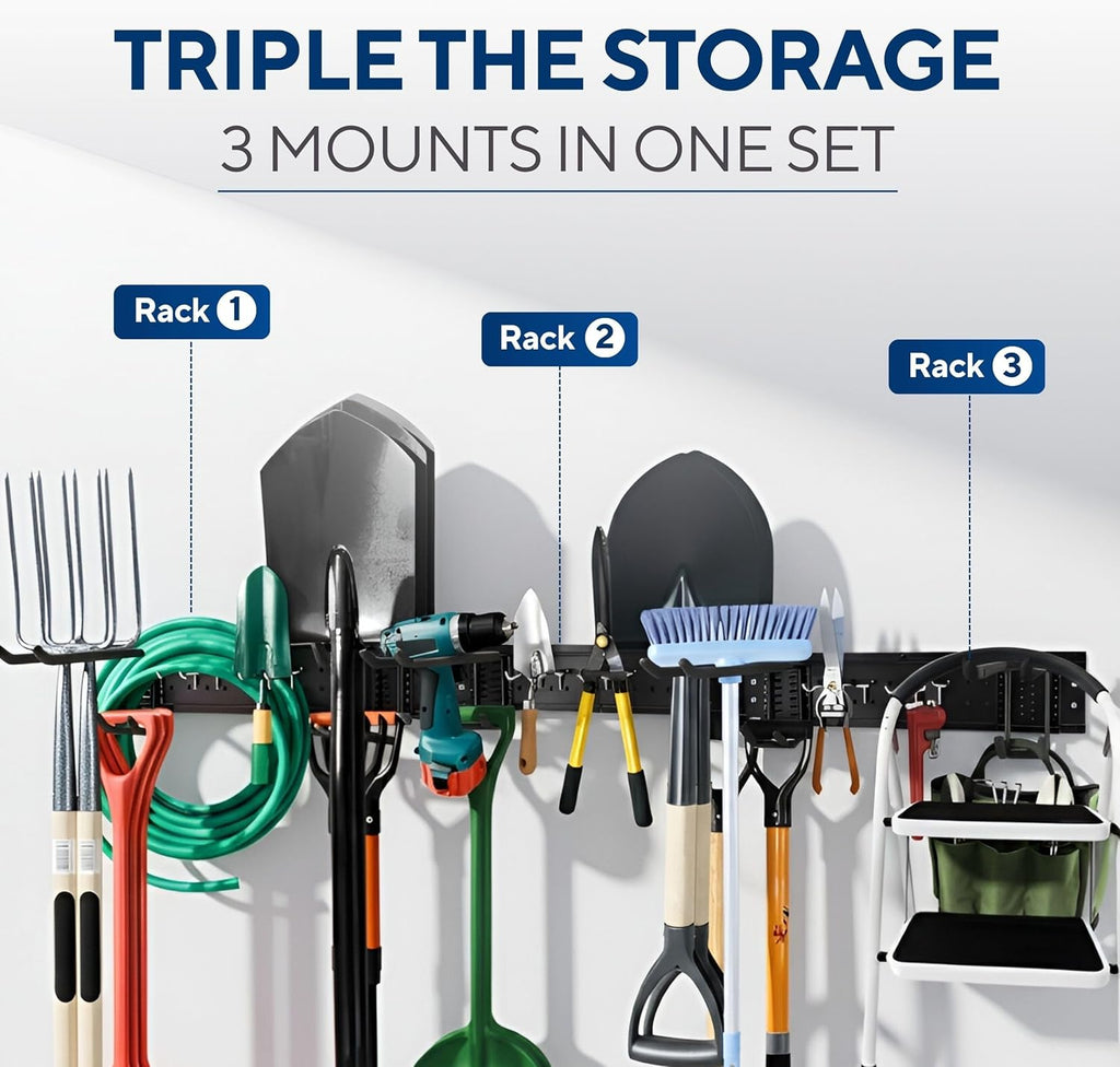 Heavy-Duty Wall Mount Garden Tool Organizer Rack, Black Metal, Multi-Hook Storage System