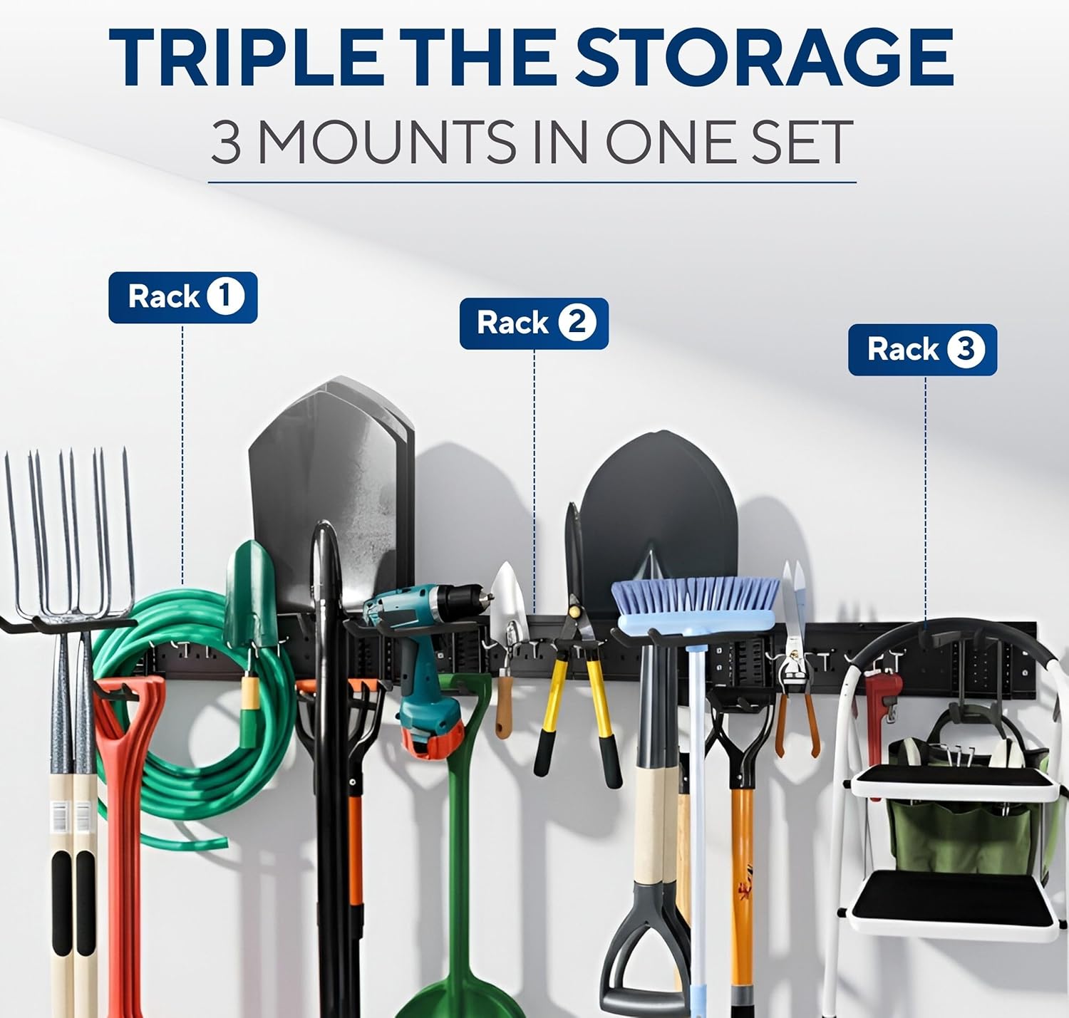 Heavy-Duty Wall Mount Garden Tool Organizer Rack, Black Metal, Multi-Hook Storage System