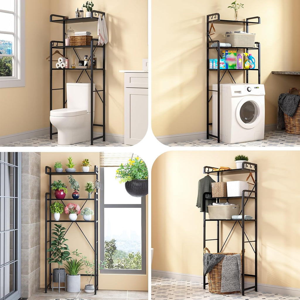 Over-The-Toilet Storage Rack with 3-Tier Shelves, Space Saver Toilet Shelf, Bathroom Storage Organizer with Hooks for Over-Toilet Storage (Black)