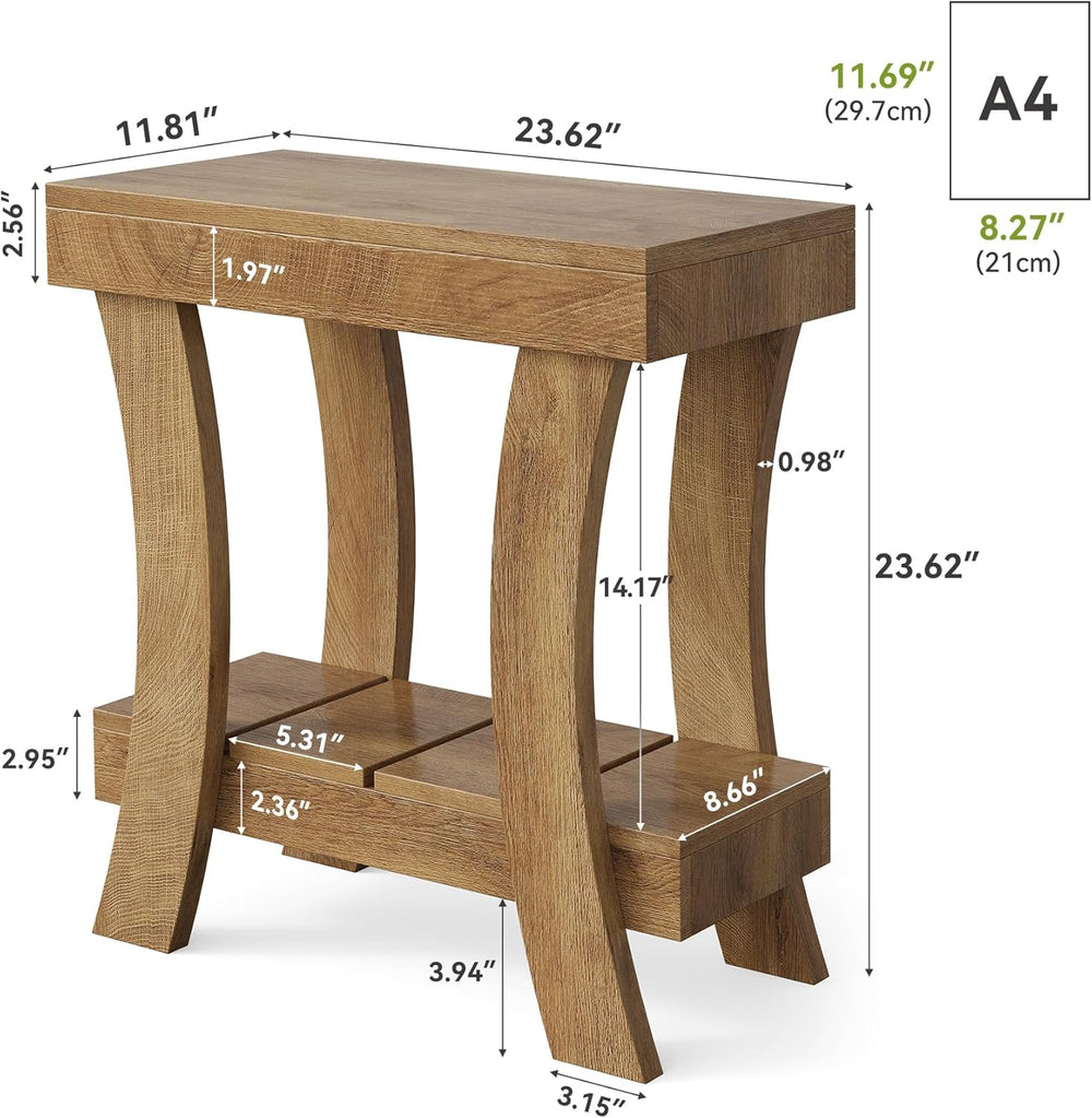 LITTLE TREE Narrow Side Table with Storage Shelf, 2-Tier Rectangular End Tabl...
