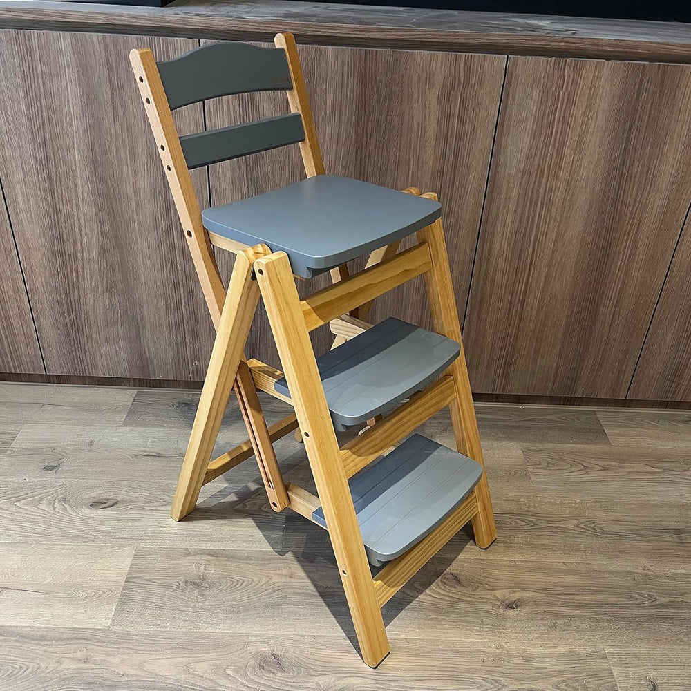 Folding Bar Stool 3 Step Ladder Stool,Solid Wood Counter Height Foldable Stoo...