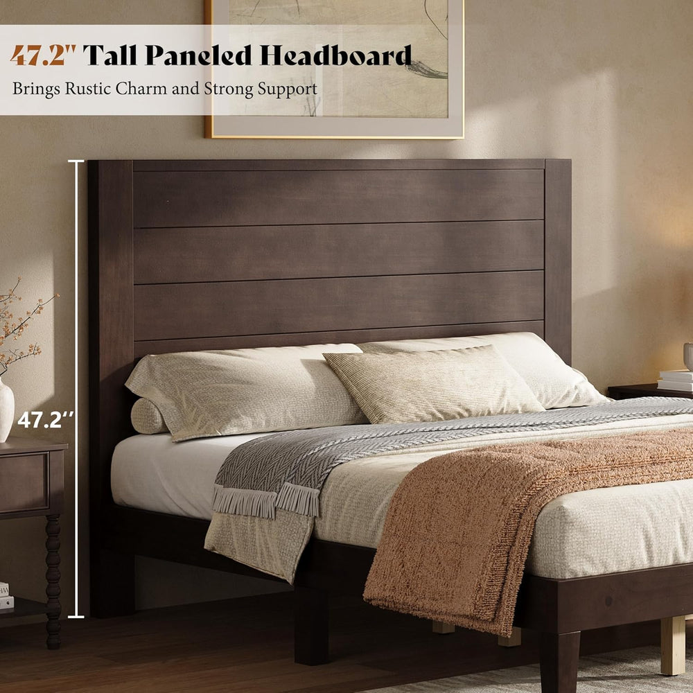 AMERLIFE Queen Size Solid Wood Bed Frame with 48" Headboard Design, Walnut