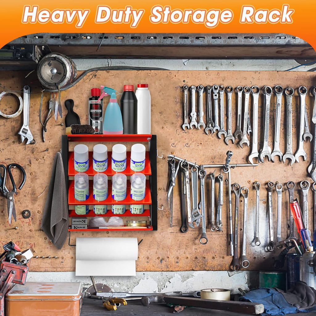 Ultrawall Spray Can Holder Rack With Paper Towel Holder, Steel Wall Mounted Spray Bottle Holder, Garage Wall Mount Shelf, Utility Storage Rack, Tool Storage Rack, Holds 100 lbs