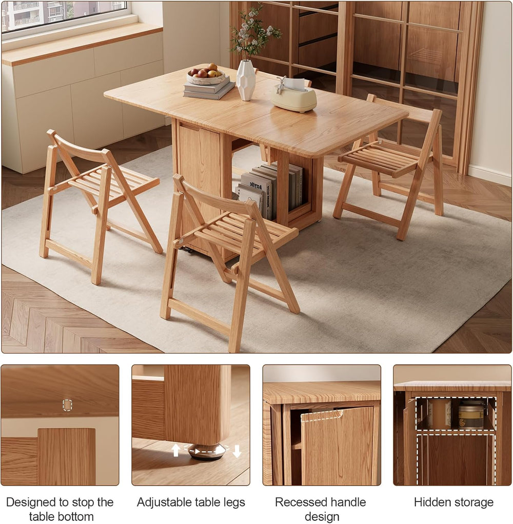 AnywaysWood Folding Dining Table with 4 Foldable Chairs Set, Space Saving Ext...