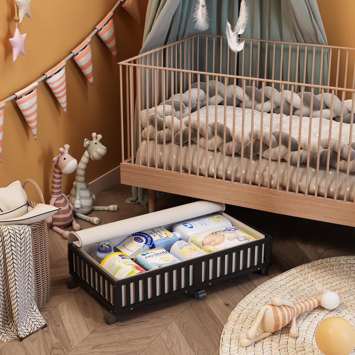 Bamboo Under Bed Storage Containers with Wheels, 2 Pack Large Under the Bed Shoe Storage Bins, Wood Rolling Underbed Drawers Organizer for Bedroom Closet Clothes Blanket Under Crib Toy Black