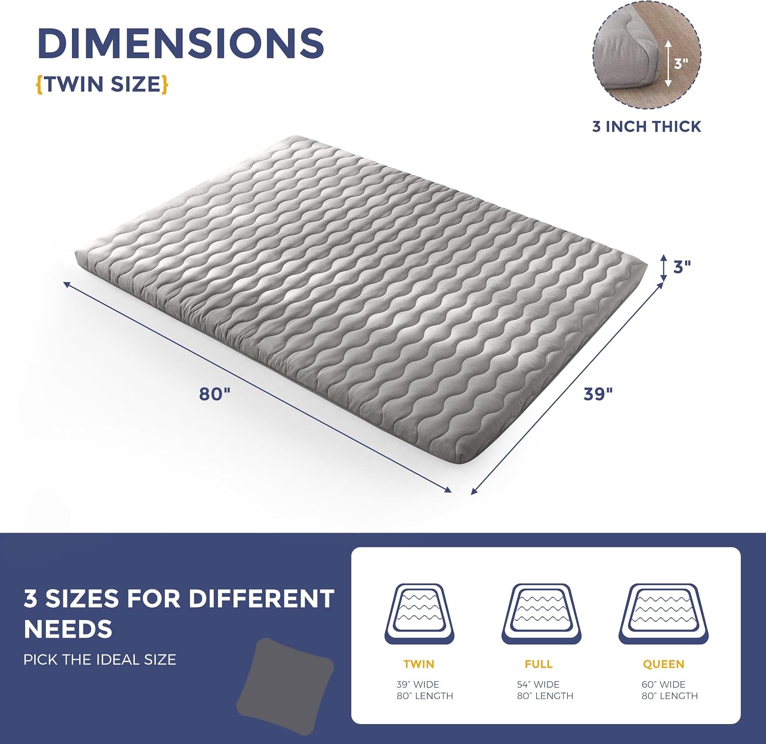 MAXYOYO Japanese Floor Futon Mattress Twin Size, 3" Thicken Tatami Sleeping Pad Foldable Roll Up Mattress, Portable Floor Mattress Pad for Adults, Guest Room, Camping, Grey