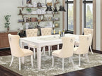 East West Furniture LGDA7-LWH-32 7 Piece Dinette Set Contains a Rectangle Dining Table with Butterfly Leaf and 6 Polyester Fabric Upholstered Chairs, 42x84 Inch, linen white