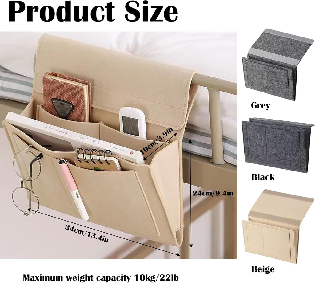 Bedside Caddy, 5 Pockets Felt Bedside Storage Organizer, Hanging Storage Organizer for Home Bedroom Living Room College Dorm Bed Water Bottles, Magazines, Phone, Glasses (Gray)