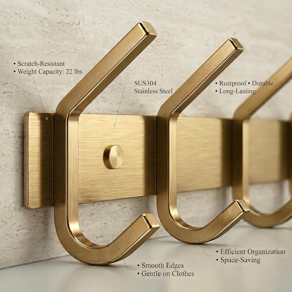 Brushed Gold Wall Mounted Coat Rack – 30 Inch Stainless Steel Rail with 10 Do...