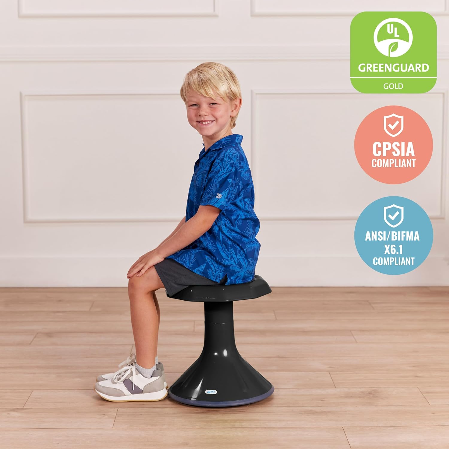 ECR4Kids ACE Active Core Engagement Wobble Stool, 15-Inch Seat Height, Flexible Seating, Black | Durable plastic, GREENGUARD Gold Certified, 7-9 years, 150 lb capacity, fully assembled, flexible seating for classroom use
