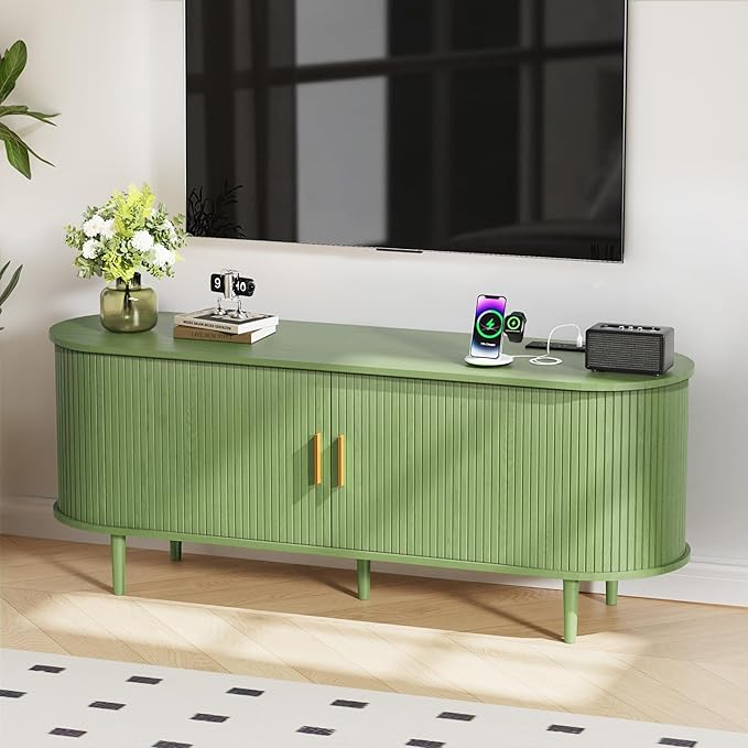 DHH 55 Inch Mid Century Modern TV Stand with Power Outlet for TVs up to 60 Inch, Entertainment Center with Storage and Adjustable Shelves, Media Console with Sliding Doors for Living Room(Green)