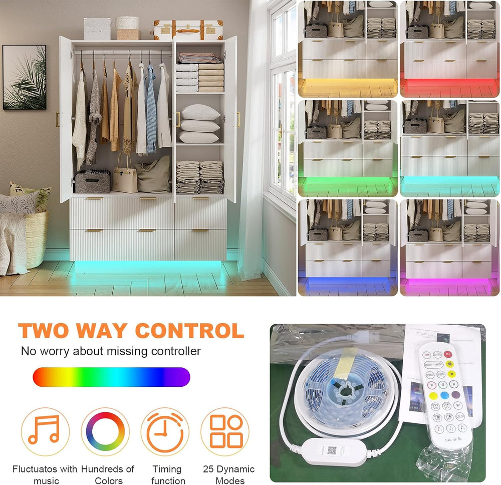 PAKASEPT Armoire Wardrobe Closet with 3 Door, Mirror, LED Lights | Hanging Ro...