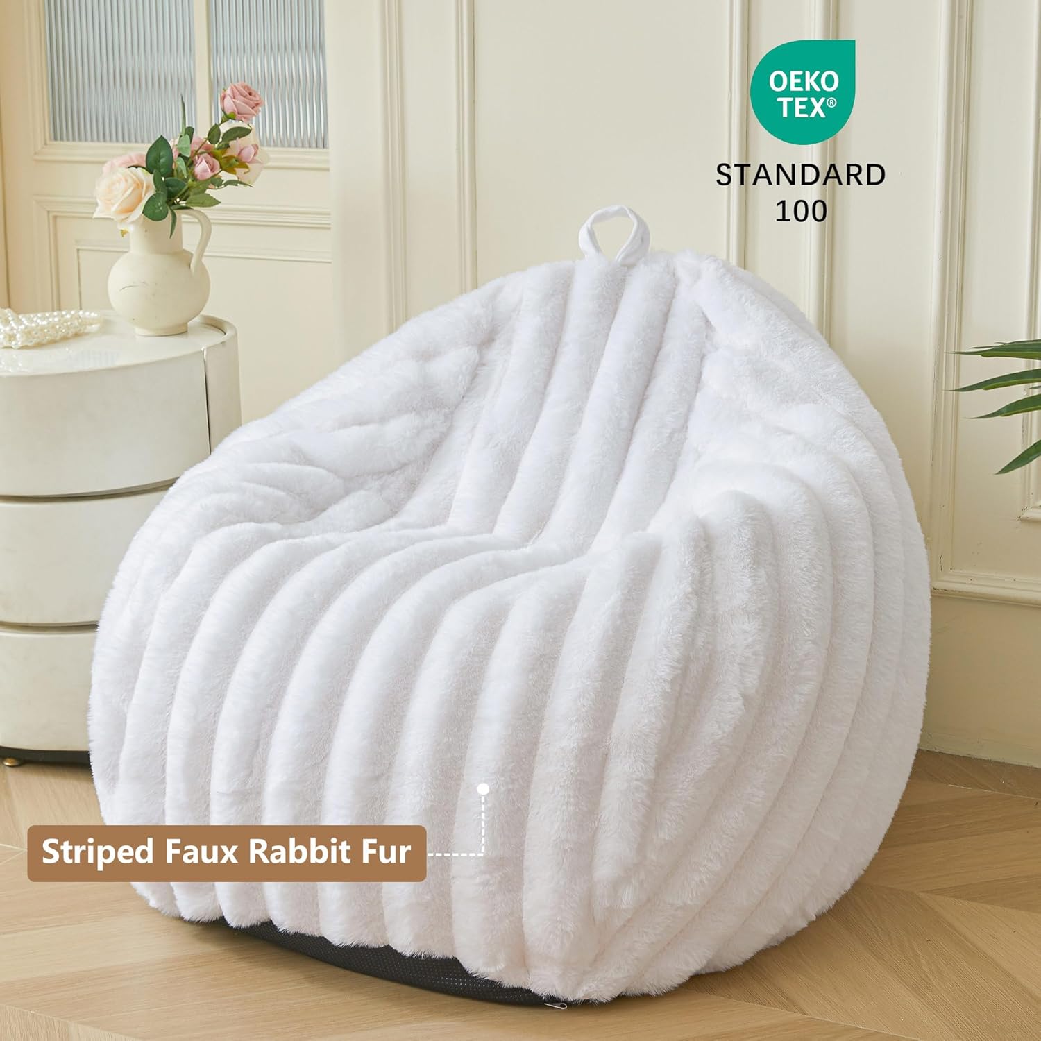 MEGO Fluffy Faux Rabbit Fur Bean Bag Chair Cover(No Filler), Soft Plush Fuzzy Striped Stuffed Animal Storage Bean Bag, 3FT Large Furry Ribbed Beanbag Cover for Bedroom Living Room, Anti-Slip, White
