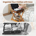 Goplus Luggage Rack for Guest Room Set of 2, Folding Suitcase Stand with Storage Shelf, Acacia Wood Frame & 5 Nylon Straps, Fully Assembled 27" Luggage Stand for Bedroom, Hotel, Holds up to 200 LBS