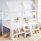 Loft Bed with Storage Shelves and Stairs，Antique White-P：Twin | House Loft Bed with Playhouse Shape Roof and Window