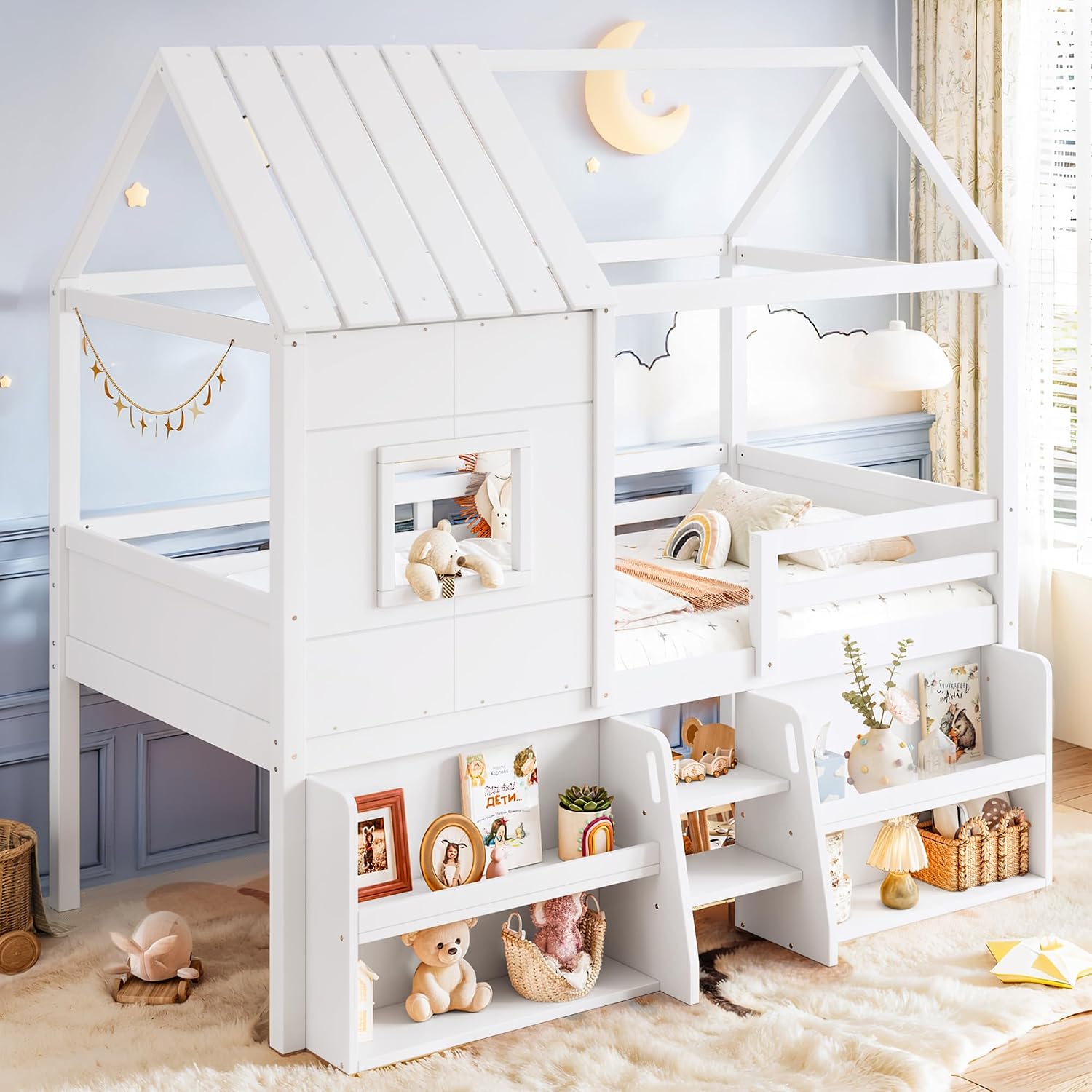 Loft Bed with Storage Shelves and Stairs，Antique White-P：Twin | House Loft Bed with Playhouse Shape Roof and Window