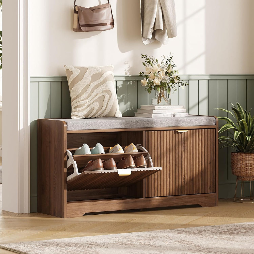 Maupvit Fluted Shoe Bench with 2 Flip-Drawers, 39.4" Narrow Entryway Ben...