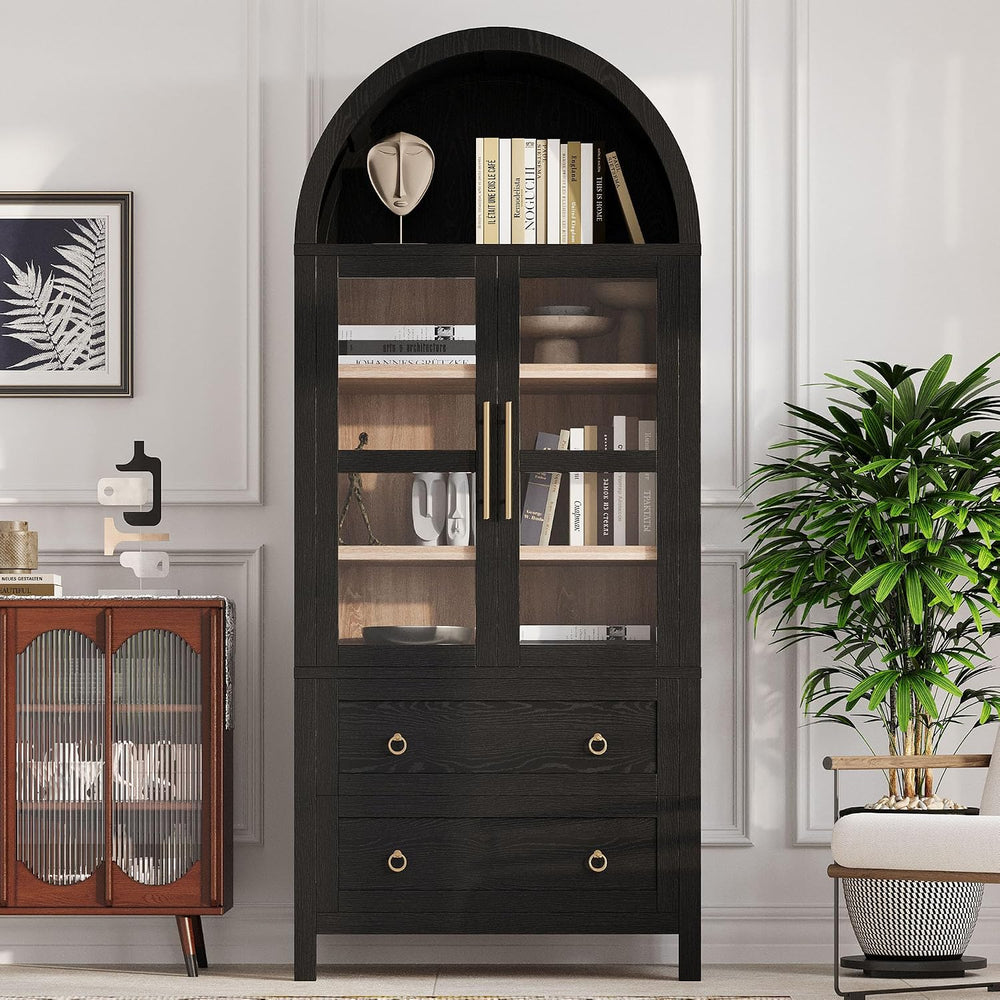 HRVEOCEI Black Arched Cabinet with Glass Doors, Tall Arch Kitchen Pantry with...
