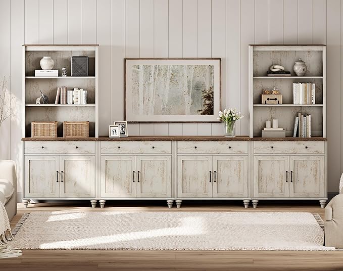 WAMPAT Entertainment Center with Bookshelves for TVs up to 75", Farmhouse Wall Unit TV Stand with 8 Doors & 4 Drawer, Media Console Table for Living Room, Bedroom & Home Theater, Rustic White