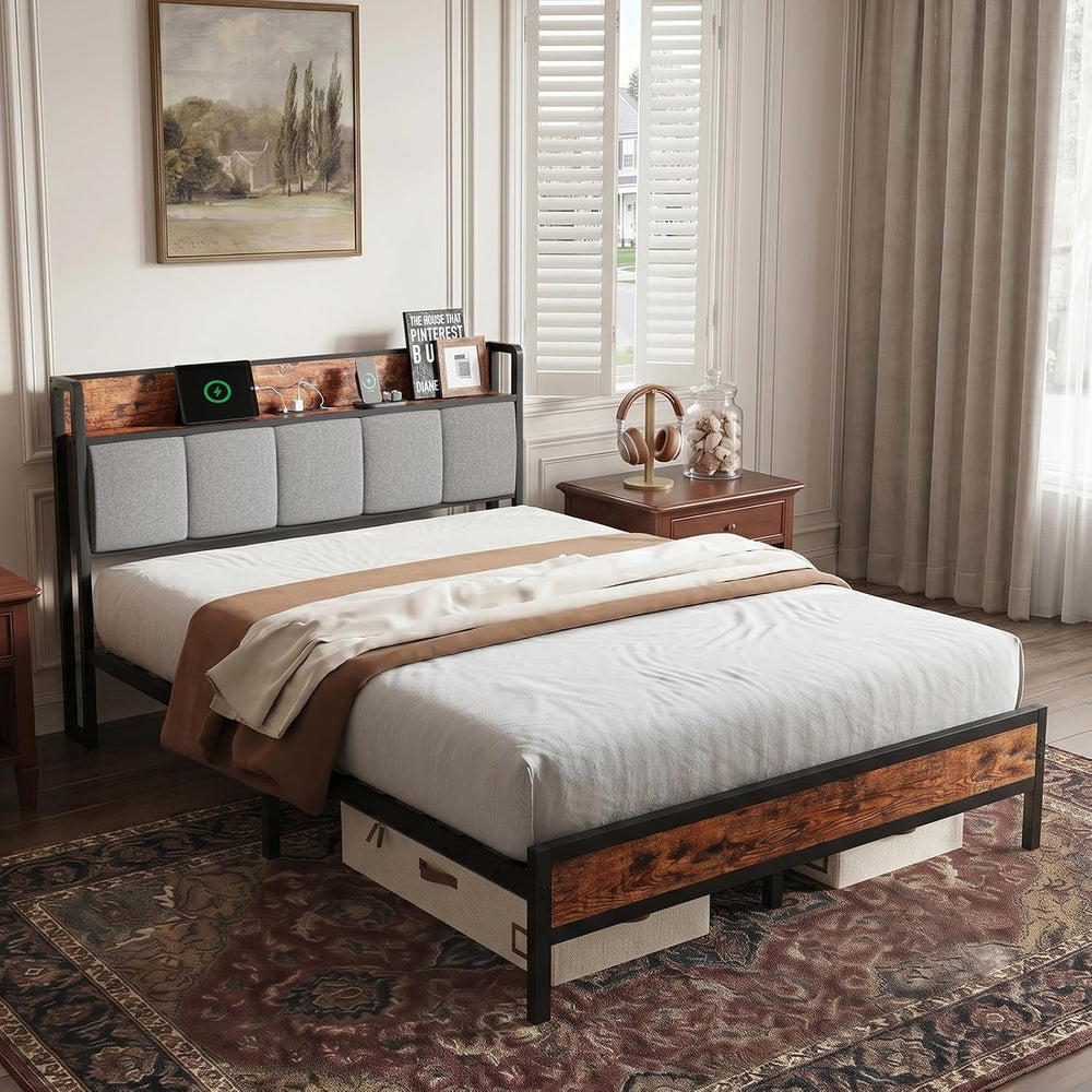 Novilla Queen Bed Frame with Charging Station & Storage Headboard, Modern...