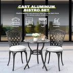 NUU GARDEN 3-Piece Patio Bistro Set Outdoor Cast Aluminum Bistro Table and Chairs Set of 2, Outdoor Patio Bistro Set with Umbrella Hole and Gray Cushions for Patio Balcony, Black