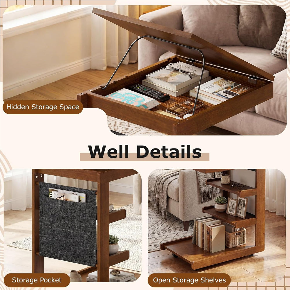 Giantex C-Shaped End Table with Wheels, Wooden Rolling Side Table w/Adjustabl...