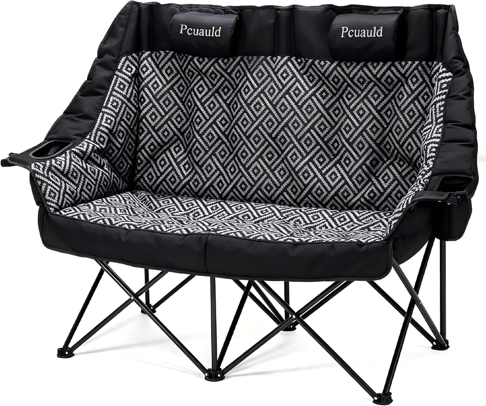 High Back Double Camping Chair Padded Folding Loveseat with Adjustable Pillow...